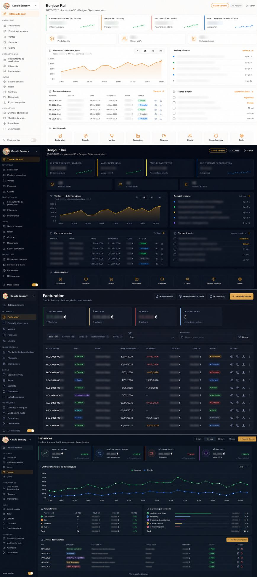 Application de gestion interne avec factures, devis, stock, clients et production