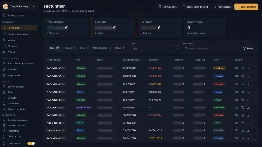 Module de facturation : factures, devis, notes de crédit et reçus avec leur statut