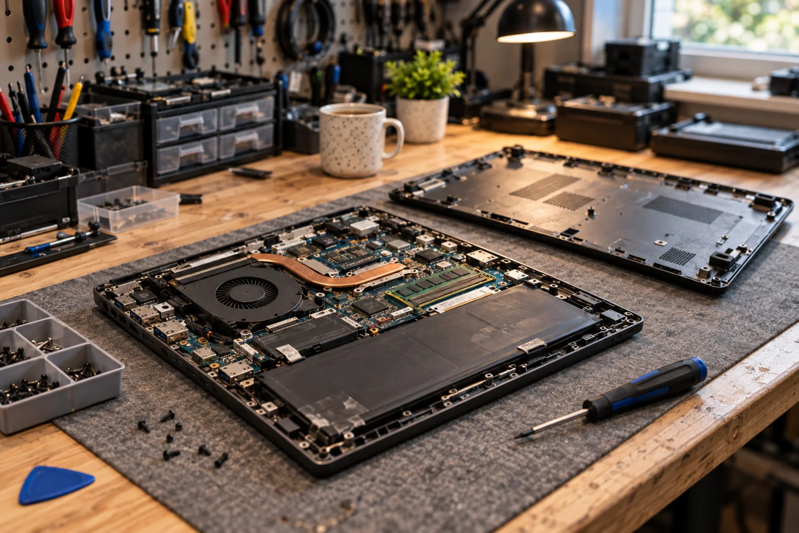 Diagnostic d'un ordinateur portable ouvert sur l'établi de l'atelier
