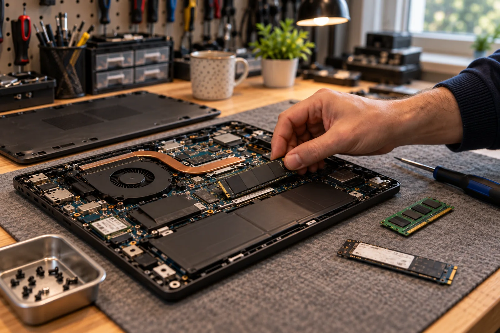 Installation d'un SSD NVMe dans un ordinateur portable ouvert